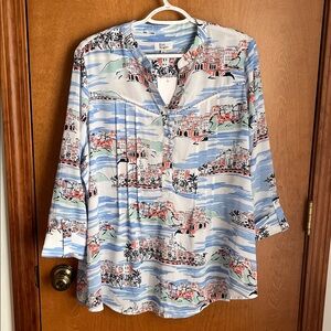 NWT size XXL Kim Rogers Blue Multicolor Print Blouse 3/4 Sleeves
